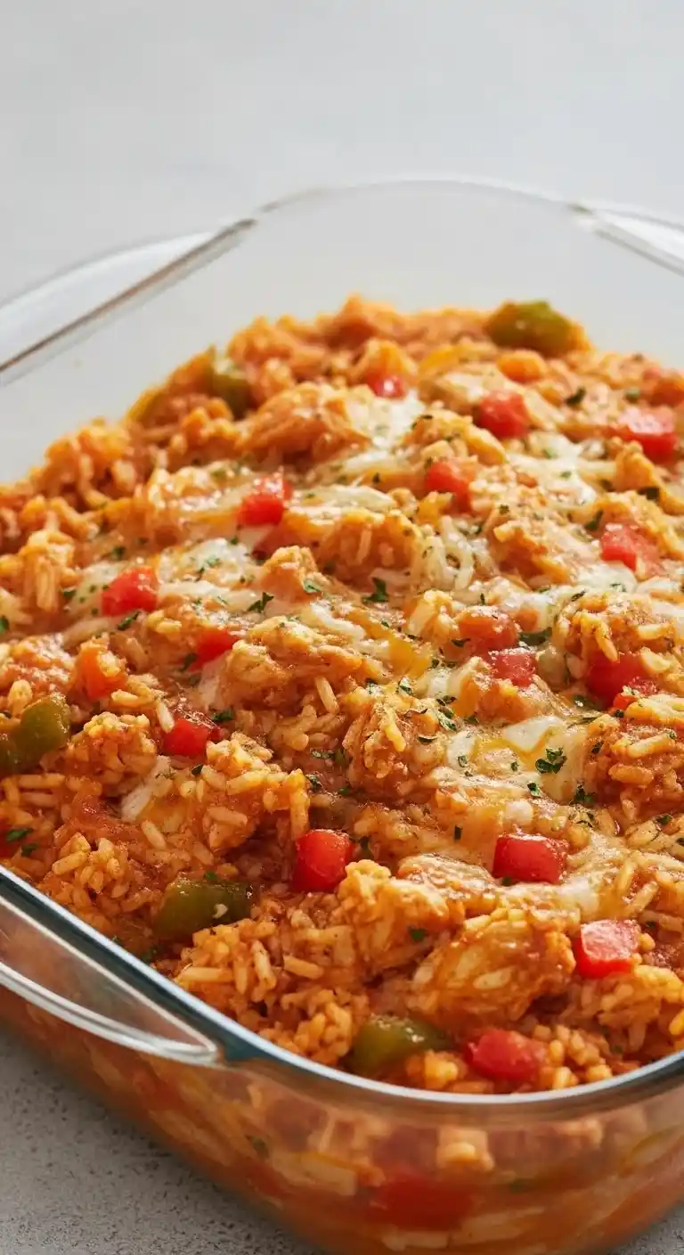 Cheesy fajita chicken casserole baked with peppers, rice, and melted Mexican cheese in a 9x13 pan