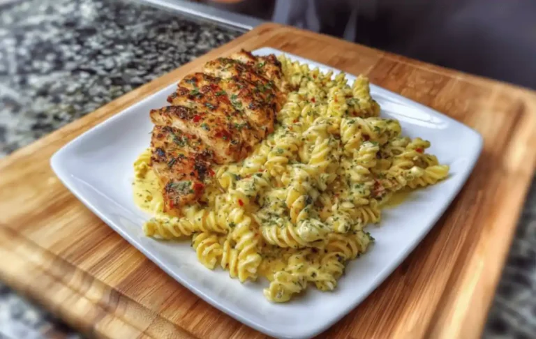 Close-up of creamy garlic Parmesan chicken pasta with parsley garnish in a white bowl.