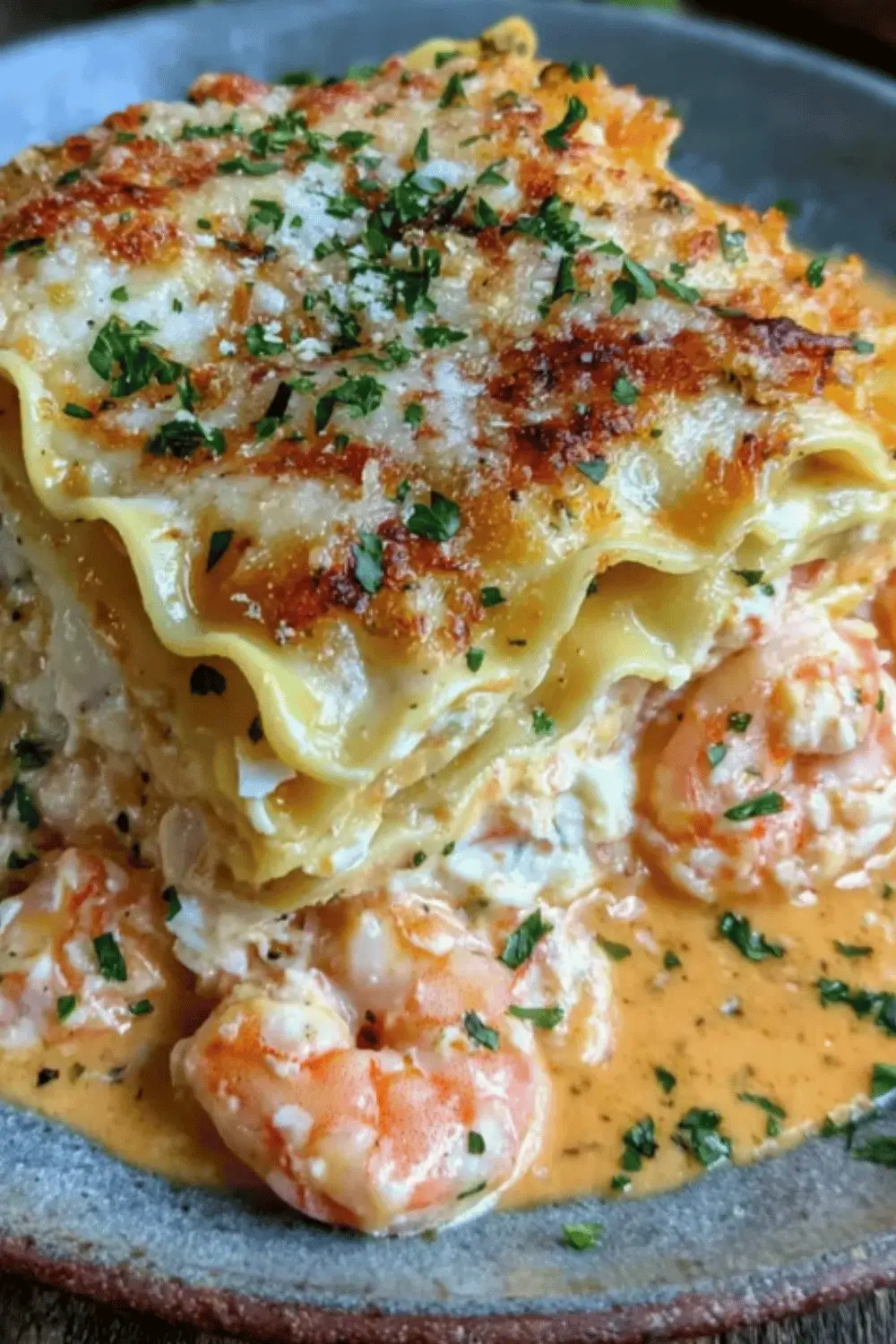 Close-up of cheesy seafood lasagna with shrimp