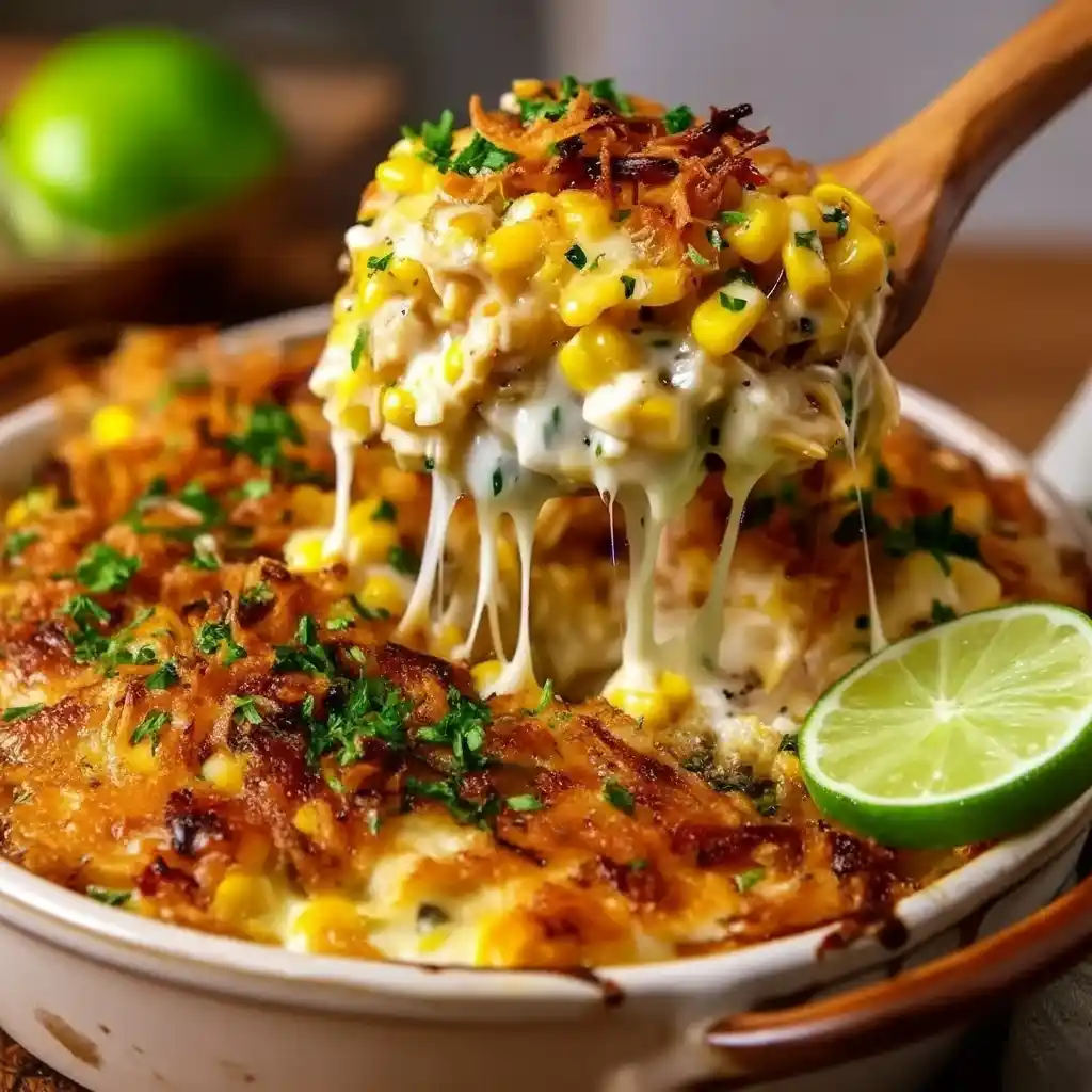 Street corn chicken casserole with melted cheese, cotija, and cilantro in a baking dish