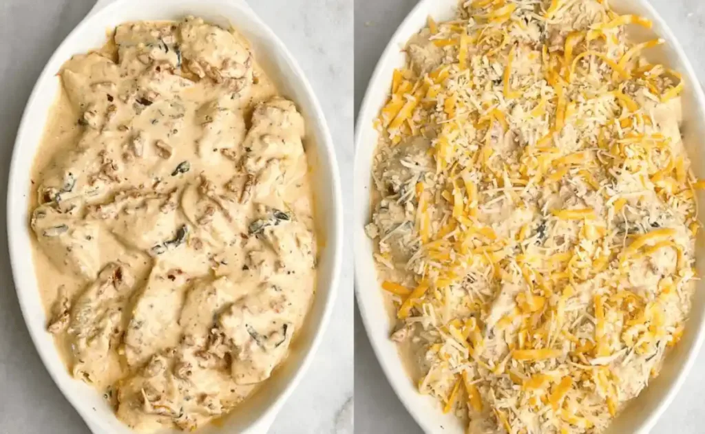 Stuffing cooked pasta shells with creamy chicken