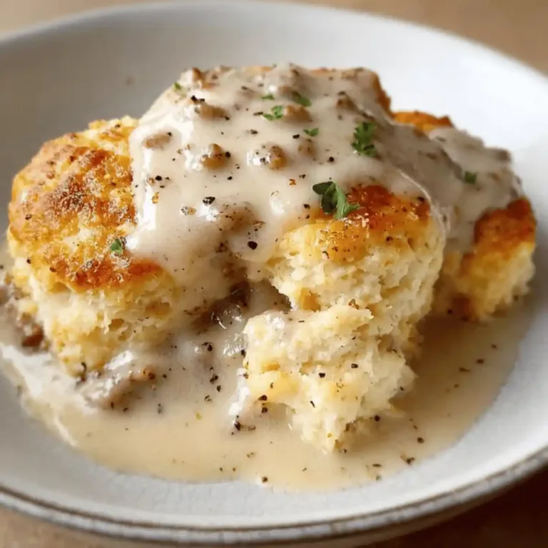 Biscuit and Gravy Casserole topped with creamy gravy and herbs