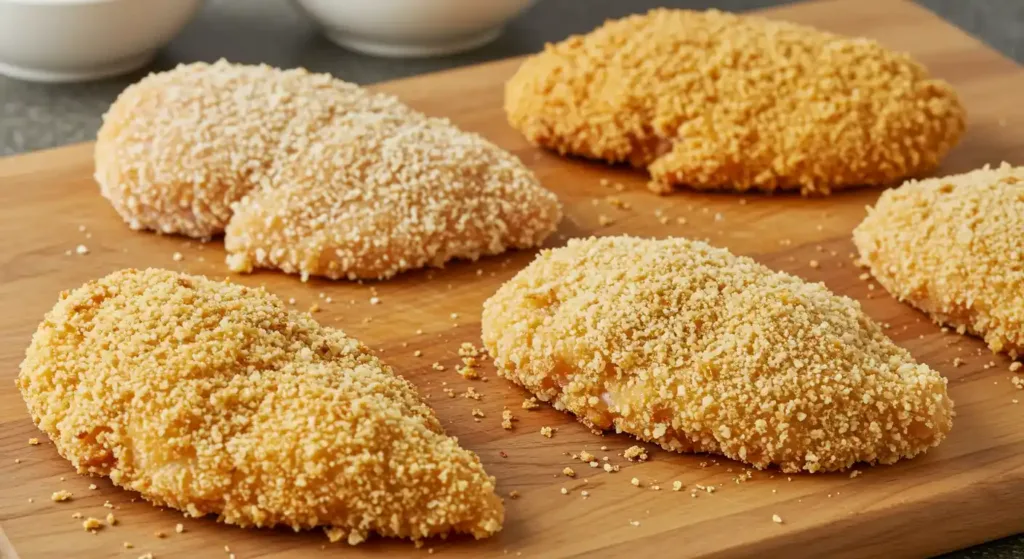 Chicken breast being coated with breadcrumb and Parmesan
