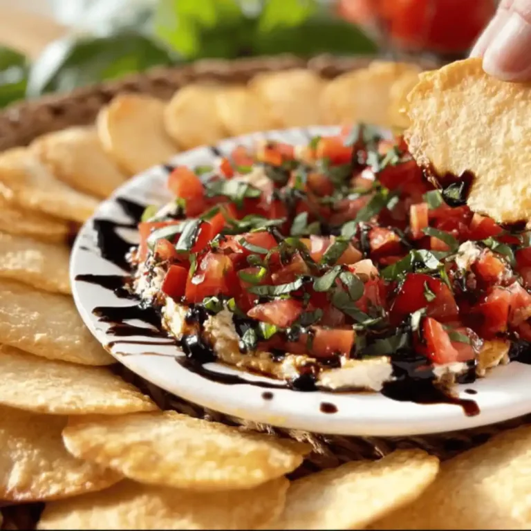 Delicious bruschetta dip served in a bowl with fresh ingredients around it
