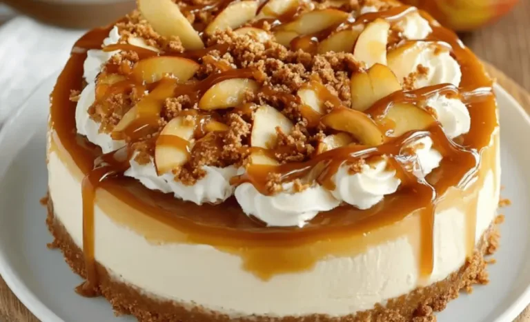 Slice of caramel apple cheesecake with cinnamon apples and caramel drizzle.