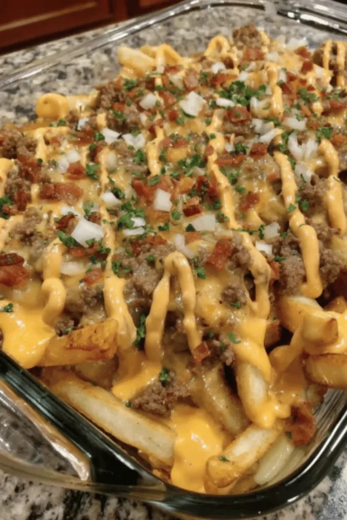 Cheeseburger French Fry Casserole with Crispy Fries and Tangy Sauce
