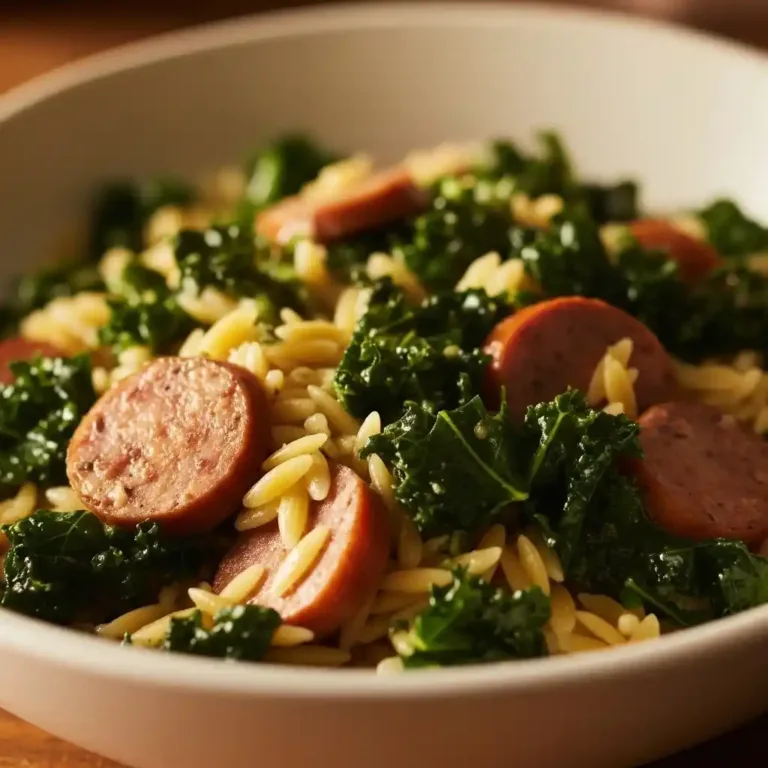 Plate of Chicken Sausage and Broccoli Orzo with fresh herbs