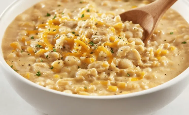 Angled hero shot of creamy white chicken chili in a white bowl with shredded chicken, white beans, green chiles, melted Monterey Jack, cilantro, and tortilla strips, with a spoon and linen napkin