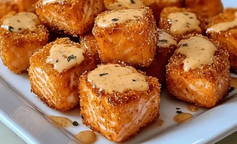 Golden crispy bang bang salmon bites drizzled with creamy spicy sauce on a white plate