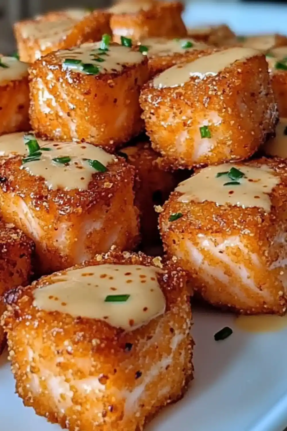 Plated crispy salmon bites with bang bang sauce and lime wedges