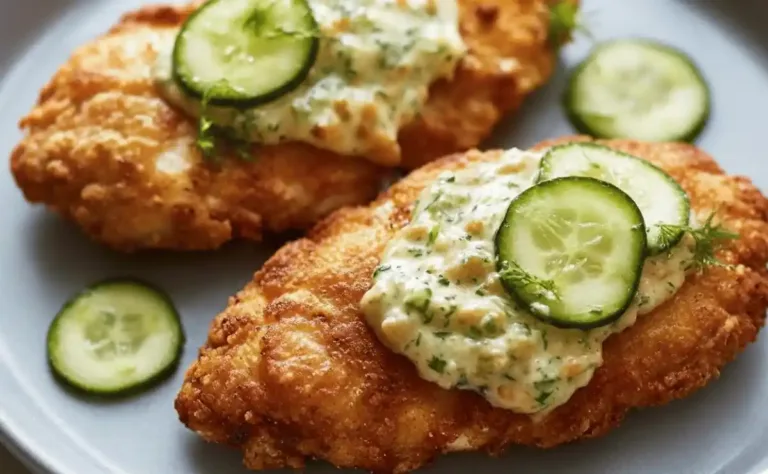 Crispy Dill Pickle Parmesan Chicken with golden crust served on a white plate with fresh dill garnish
