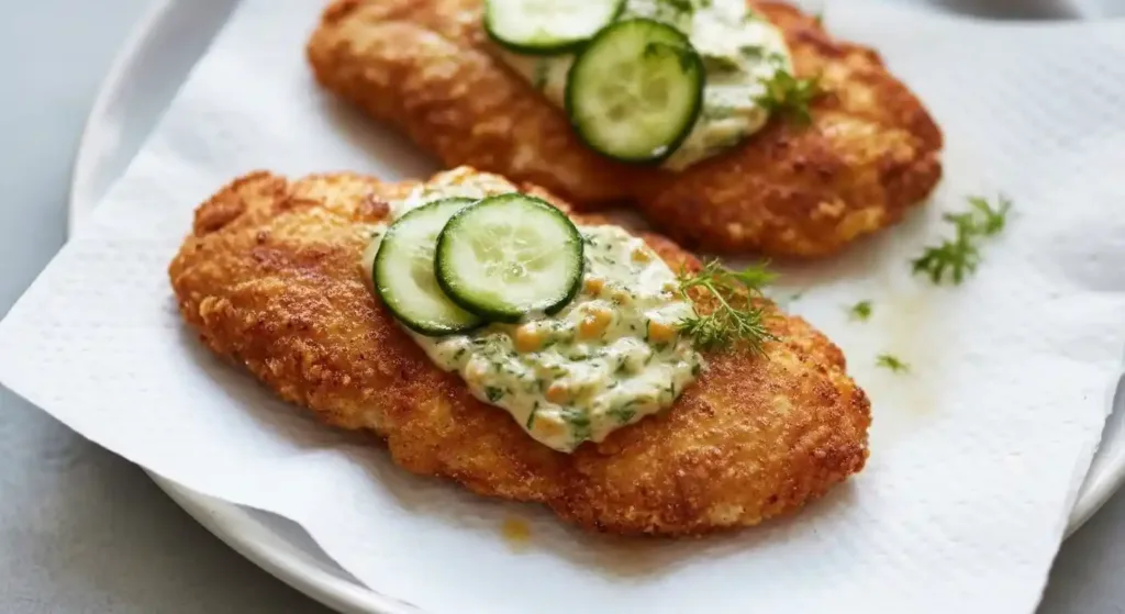 Crispy chicken breasts frying golden brown