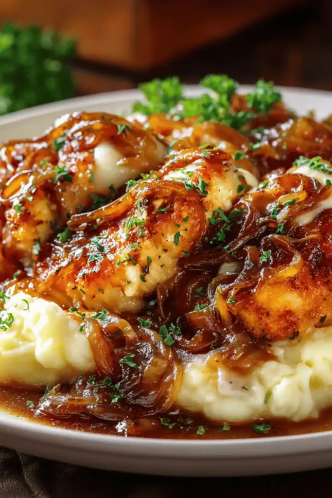 melted cheese bubbling over French Onion Chicken with Gravy.