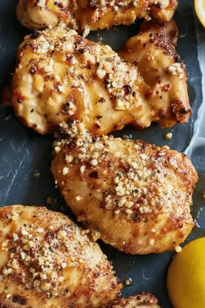 Golden-baked chicken thighs resting on a baking sheet, garnished with thin slices of lemon and sprinkled parmesan