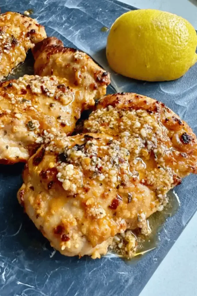 Chicken thighs coated with parmesan and spices nestled in an air fryer basket
