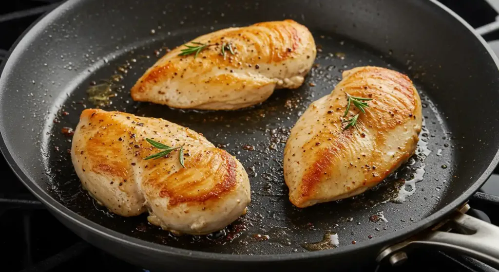 Crispy chicken breasts frying golden brown