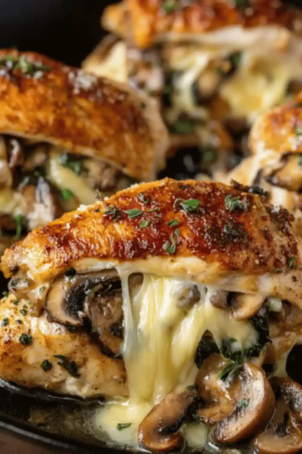 Garlic Butter Mushroom Stuffed Chicken served with parsley and lemon butter sauce.