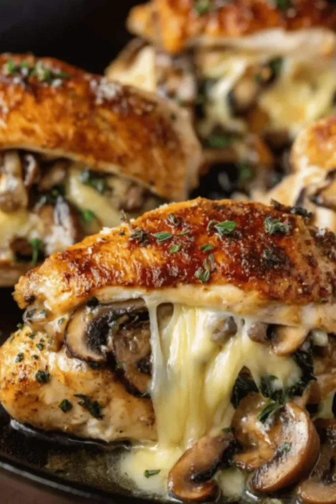 Sliced garlic butter mushroom stuffed chicken showing melty mozzarella filling