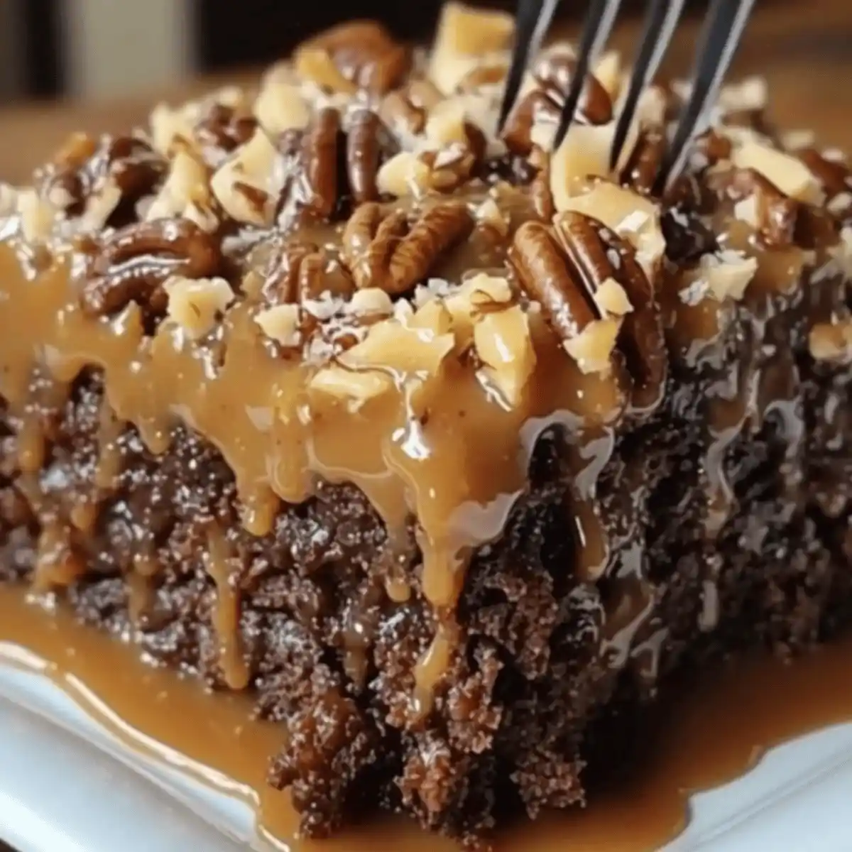 Slice of German Chocolate Poke Cake on dessert plate