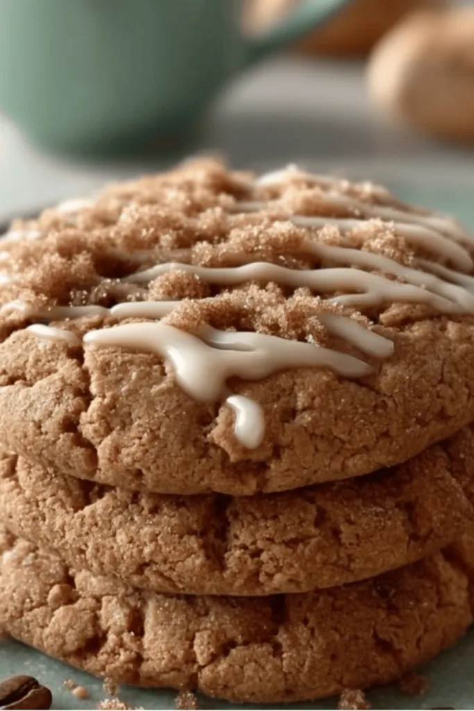Streusel‑topped coffee cake cookies with light coffee glaze on parchment