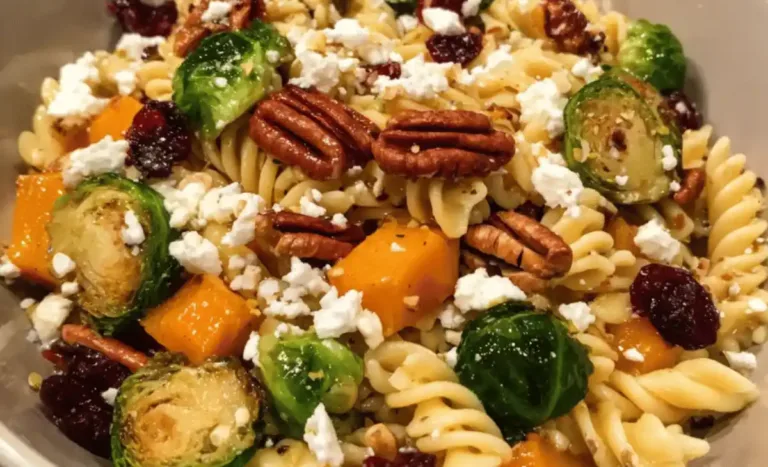 Bowl of colorful Fall Harvest Pasta Salad with roasted butternut squash and Brussels sprouts
