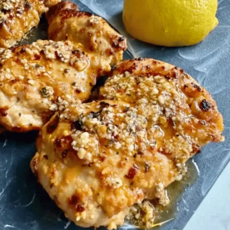 Lemon Garlic Parmesan Chicken served on a white plate with garnished herbs and sauce drizzle