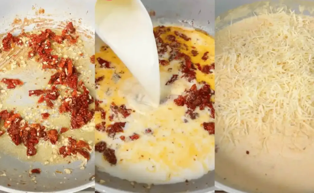 Cooking creamy sun-dried tomato sauce in skillet