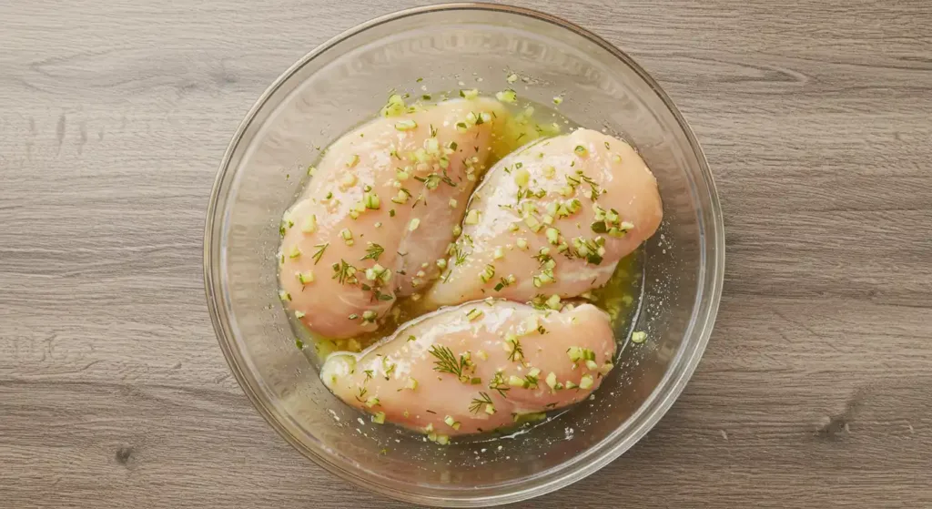 Chicken breasts marinating in dill pickle juice