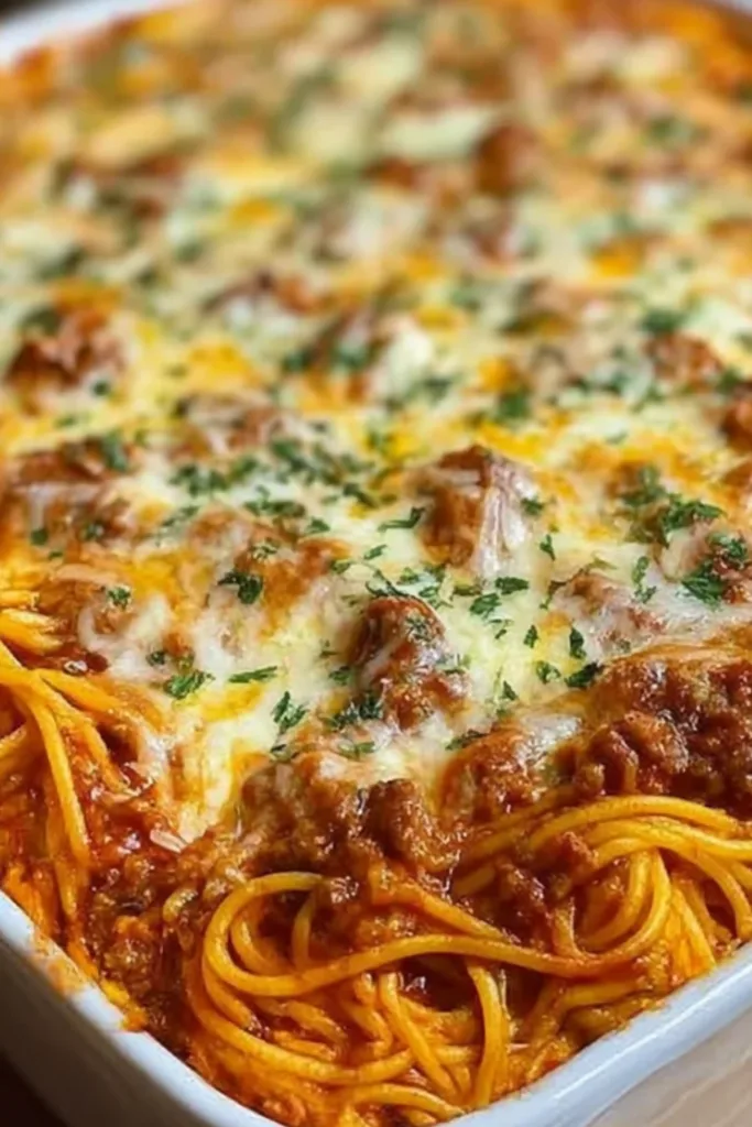 Creamy layered baked spaghetti casserole with melted mozzarella in a pan