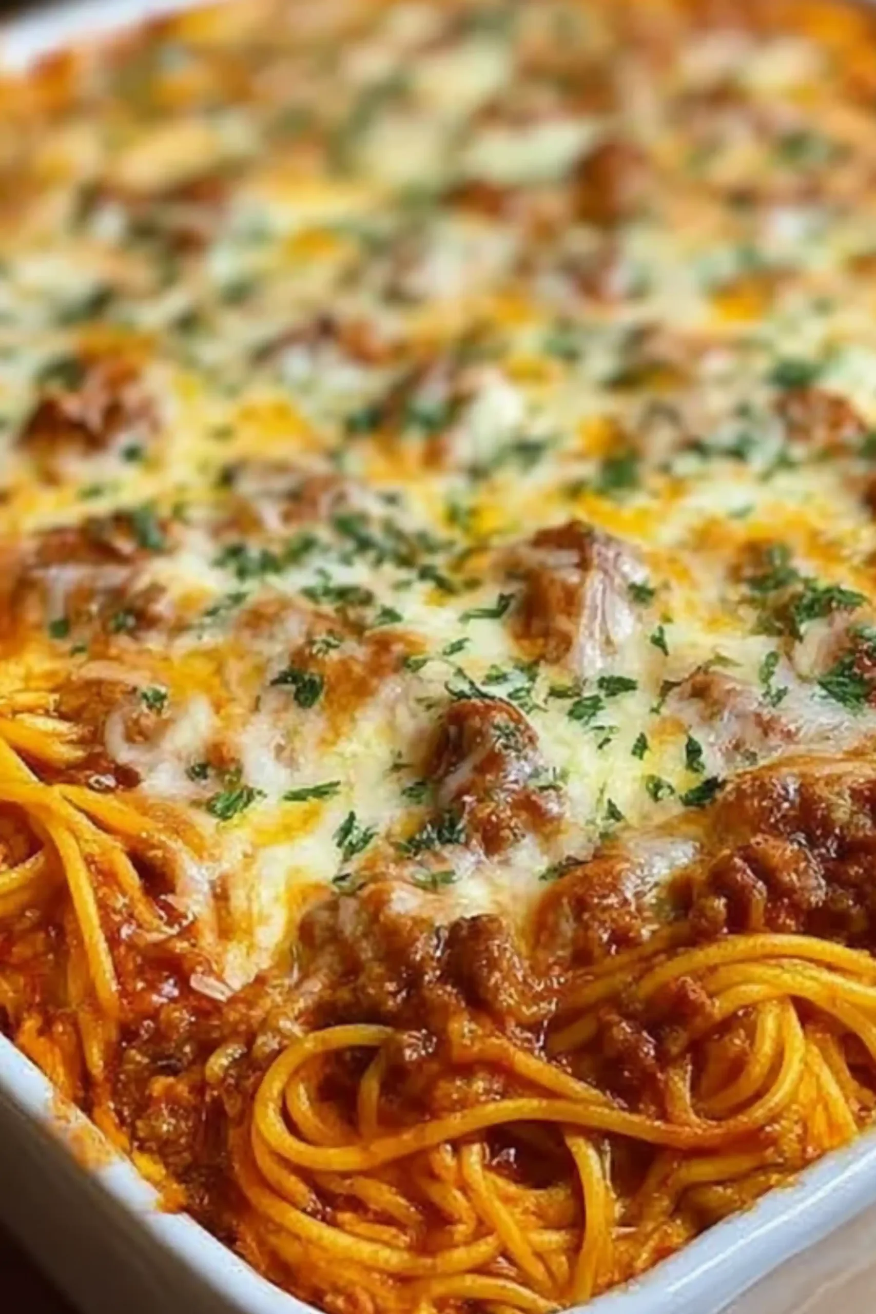 Million Dollar Spaghetti Casserole with layers of pasta, creamy cheese mixture, savory meat sauce, and golden melted cheddar.