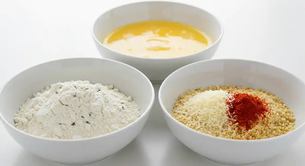 Three bowls for breading station with seasoned flour