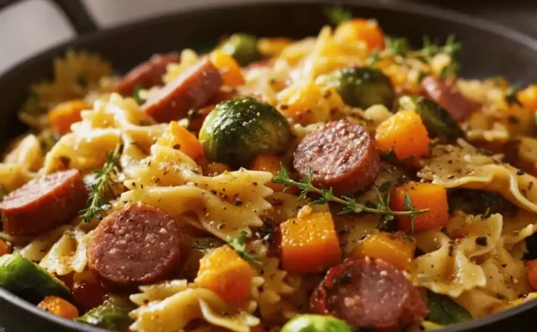 Creamy smoked sausage pasta with roasted butternut squash and Brussels sprouts in a skillet