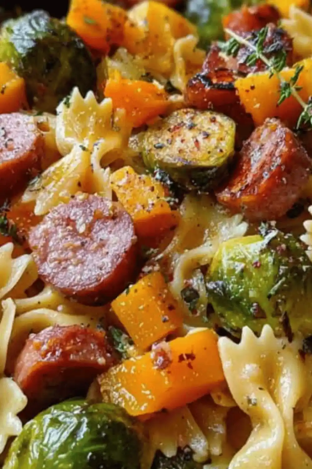 Cooked bow tie pasta with sliced smoked sausage and garlic butter sauce