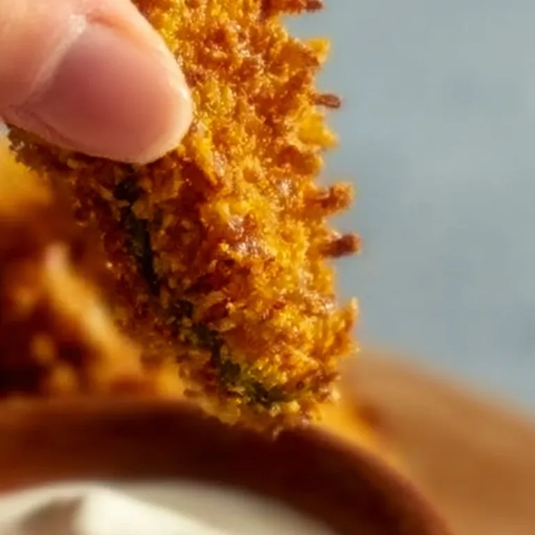 Plate of crispy air fryer fried pickles served with dipping sauce