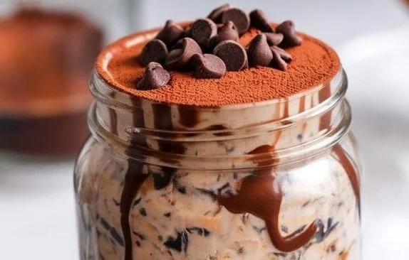 Delicious brownie batter overnight oats with chocolate and nuts