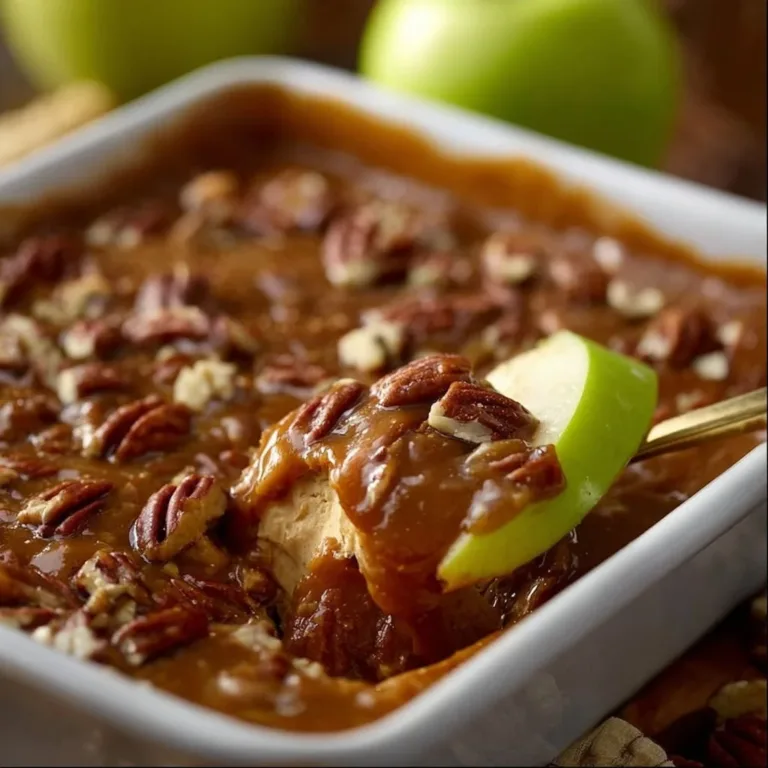 Caramel Apple Cheesecake Dip served in a bowl with apple slices and caramel drizzle