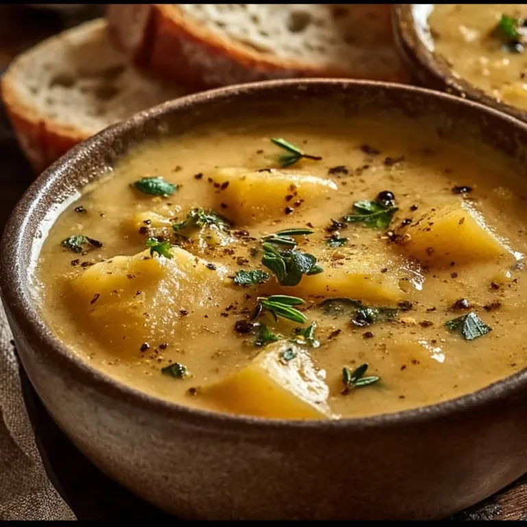 A bowl of Cheddar Garlic Herb Potato Soup garnished with fresh herbs.