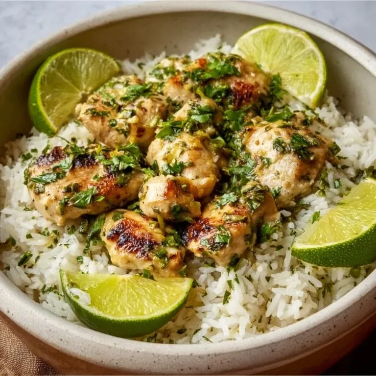 Coconut Chicken & Rice dish served in a bowl with fresh herbs and garnishes