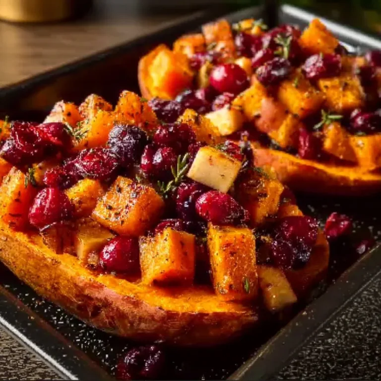 Cranberry apple twice-baked sweet potatoes topped with nuts and herbs