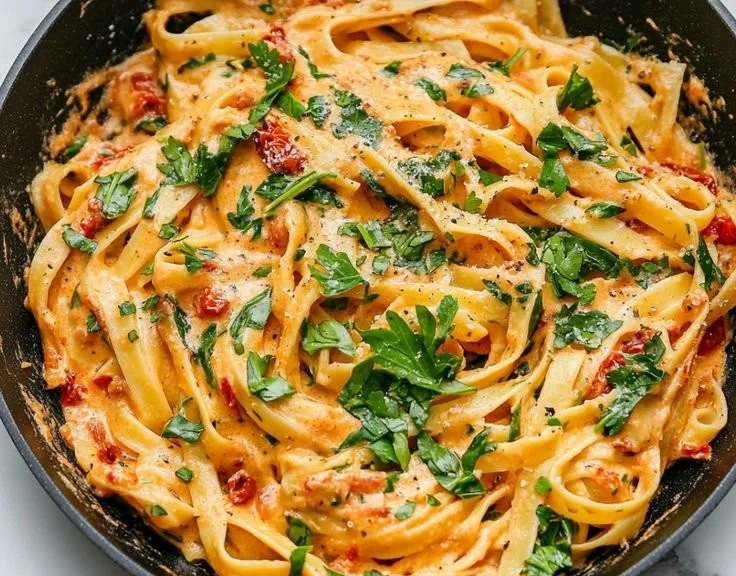 Creamy vegan sun-dried tomato pasta dish garnished with fresh herbs