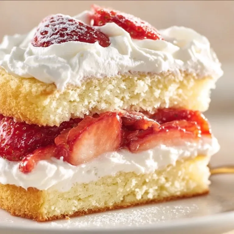 Delicious easy strawberry shortcake topped with fresh strawberries and whipped cream