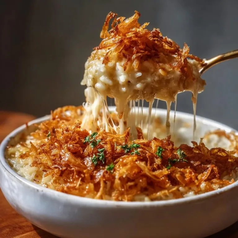 French Onion Chicken Rice Casserole with melted cheese and herbs