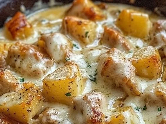 Garlic Parmesan Chicken in a crockpot with herbs and potatoes
