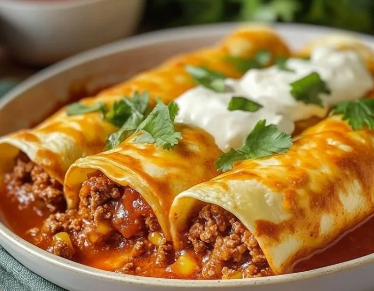 Delicious ground beef enchiladas with cheese and spices on a plate