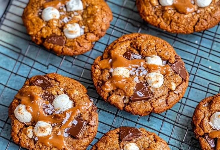 Freshly baked Pumpkin S'mores Cookies with chocolate and marshmallows