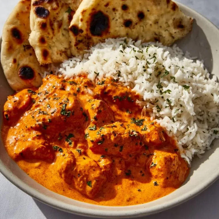 Delicious homemade butter chicken served with rice and fresh herbs