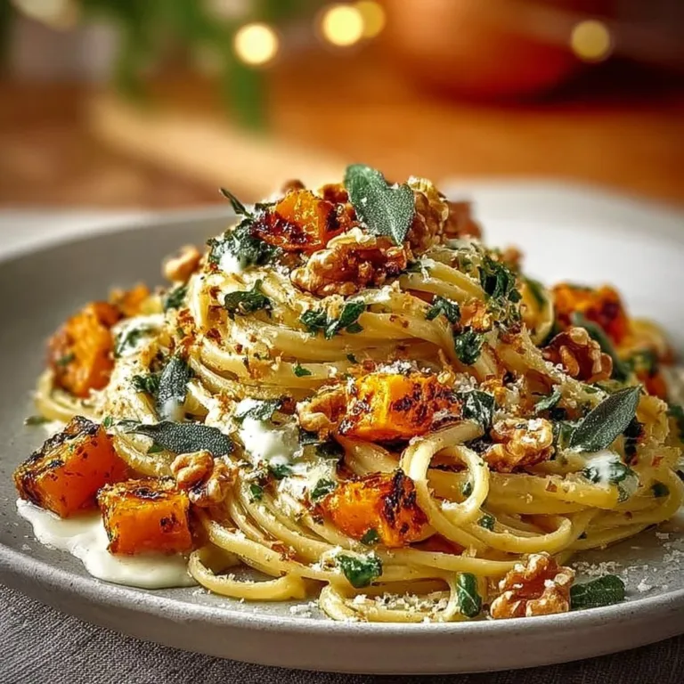 Savory butternut squash and sage pasta served in a bowl with herbs.