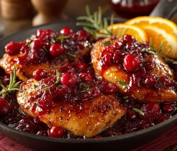 Skillet Cranberry Orange Chicken garnished with fresh cranberries and orange slices.