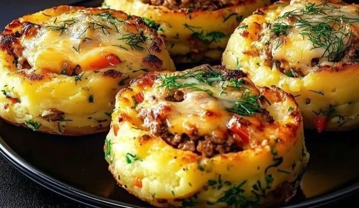Delicious stuffed mashed potato nests filled with tasty ingredients.