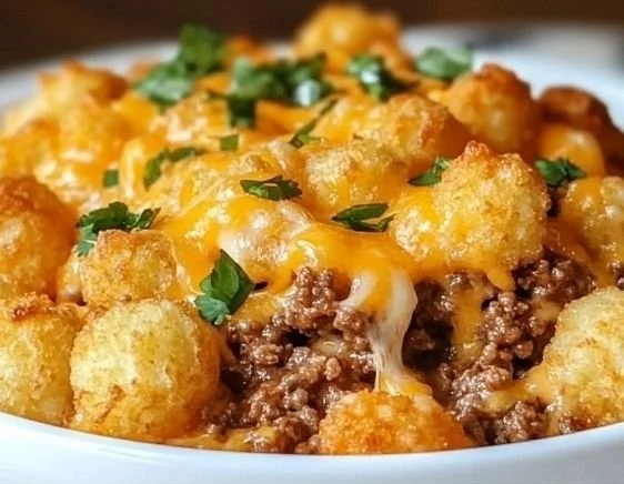 Delicious tater tot casserole topped with crispy tater tots and cheese